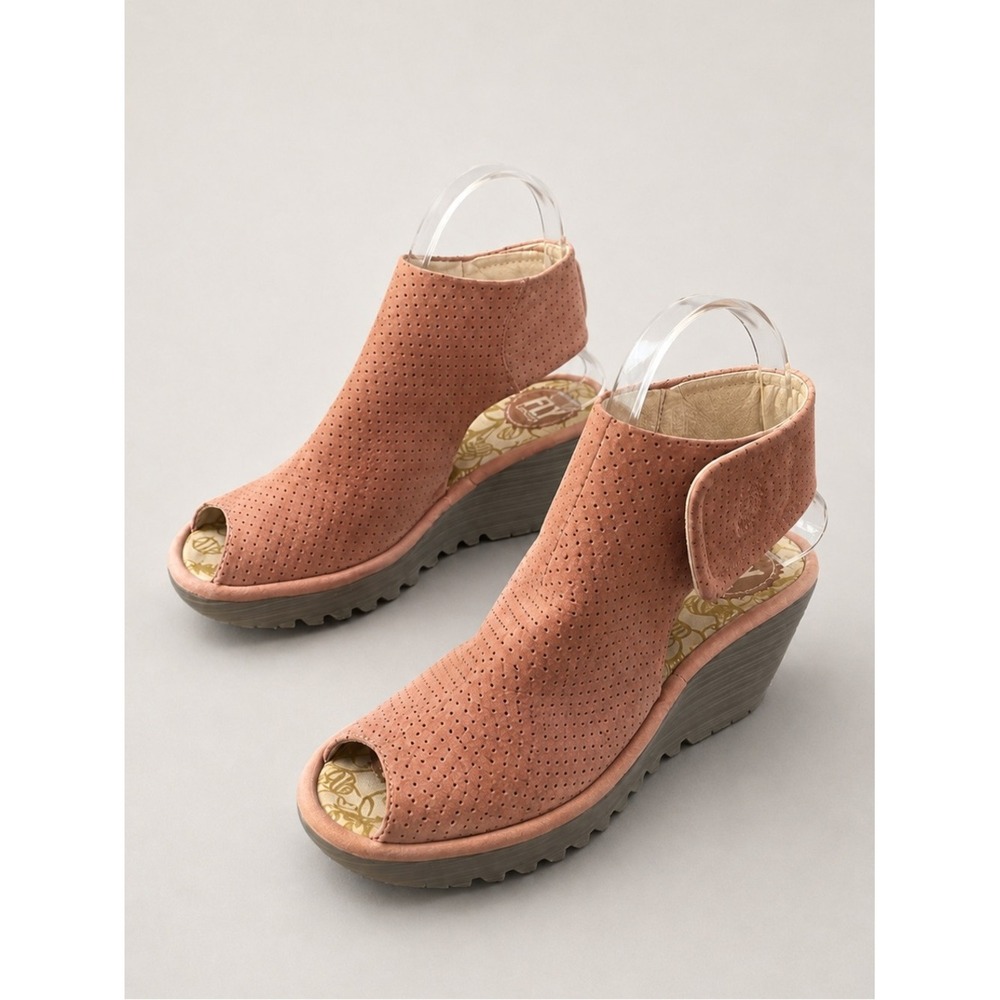 Fly London Dusty Rose Suede Perforated Peep-Toe Wedge Sandals